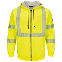 Bulwark FR Hi-Vis Zip Front Hooded Sweatshirt with Waffle Lining - Class 3 flame, resistant, retardant, arc, flash, fire, bright, yellow, green, ppe, safety, hi, vis, viz, tape, visibility, high, fleece, full